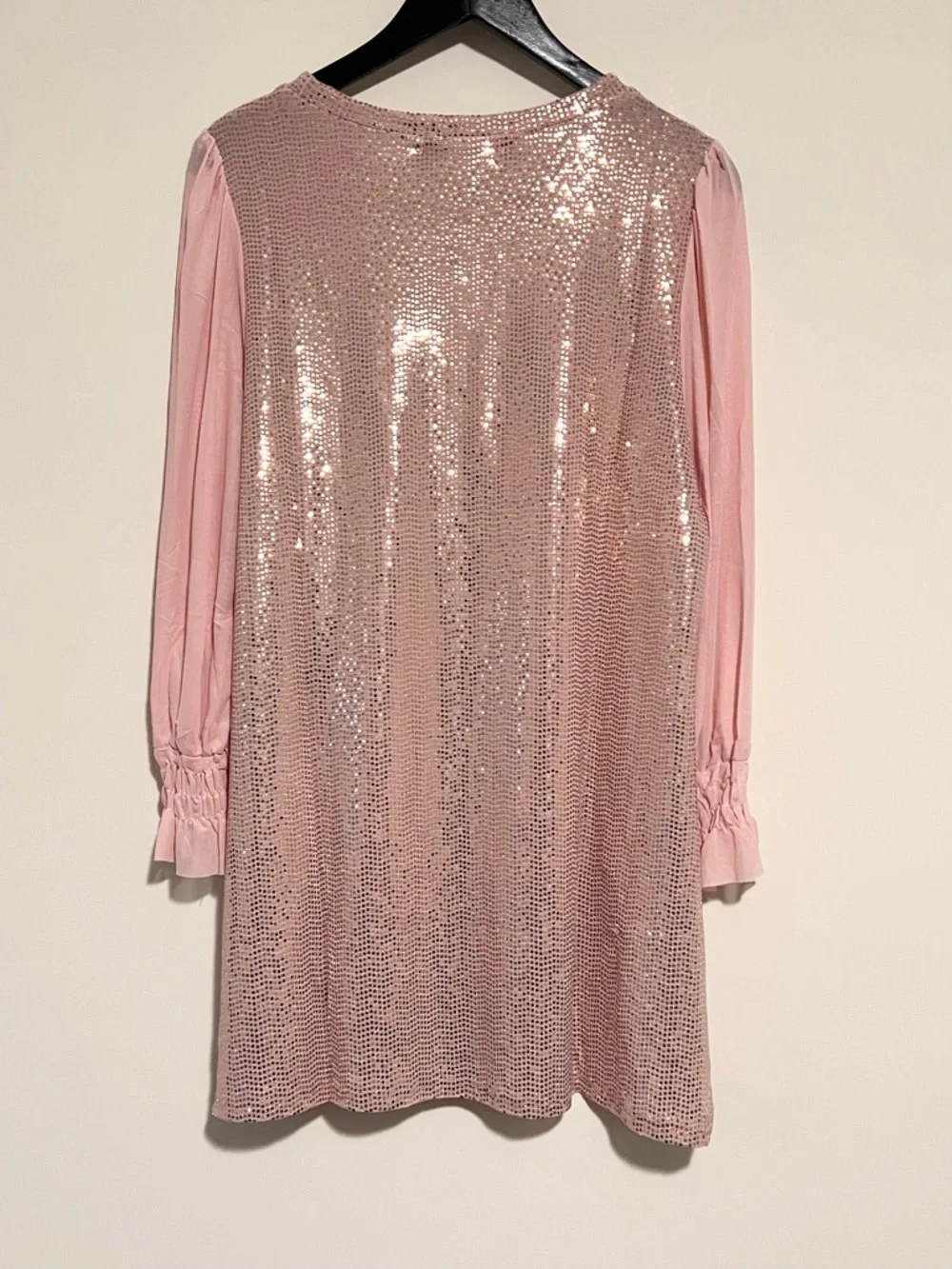 Origami Sequin Blush Pink Mini Dress with Sheer Sleeves - Picture 5 of 9